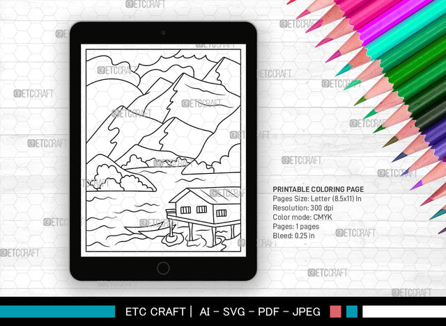 Mountains Behind House Printable Coloring Page, PDF Colouring Book, Instant Download, CBP00002 SVG ETC Craft 