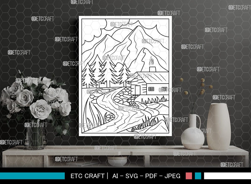 Mountains Behind House Printable Coloring Page, PDF Colouring Book ...