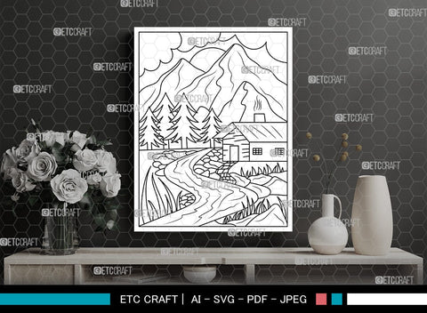 Mountains Behind House Printable Coloring Page, PDF Colouring Book, Instant Download, CBP00002 SVG ETC Craft 