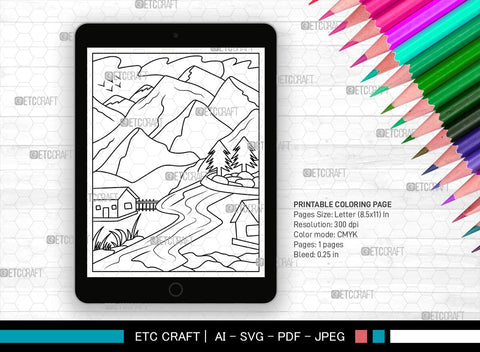 Mountains Behind House Printable Coloring Page, PDF Colouring Book, Instant Download, CBP00002 SVG ETC Craft 