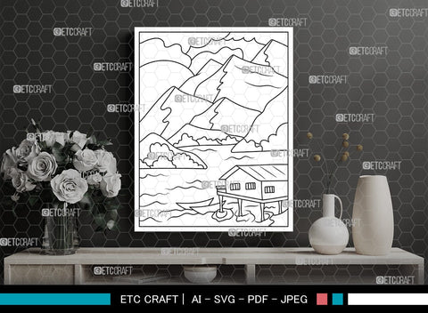 Mountains Behind House Printable Coloring Page, PDF Colouring Book, Instant Download, CBP00002 SVG ETC Craft 