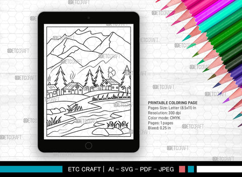 Mountains Behind House Printable Coloring Page, PDF Colouring Book, Instant Download, CBP00002 SVG ETC Craft 