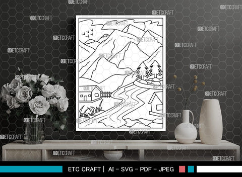 Mountains Behind House Printable Coloring Page, PDF Colouring Book, Instant Download, CBP00002 SVG ETC Craft 