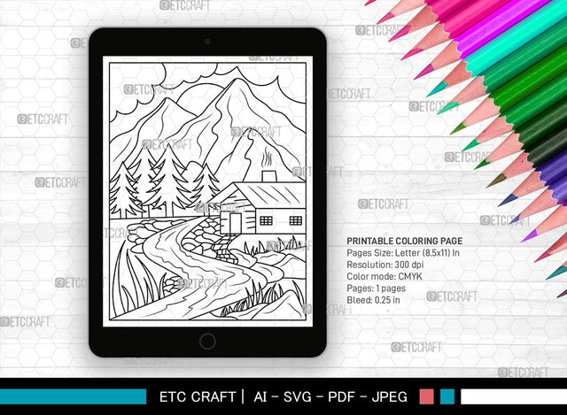Mountains Behind House Printable Coloring Page, PDF Colouring Book, Instant Download, CBP00002 SVG ETC Craft 