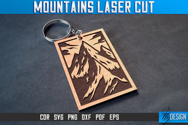 Mountains Keychain Laser Cut SVG | Camping Laser Cut SVG Design | CNC Files SVG Fly Design 