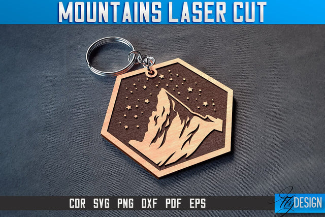 Mountains Keychain Laser Cut SVG | Camping Laser Cut SVG Design | CNC Files SVG Fly Design 