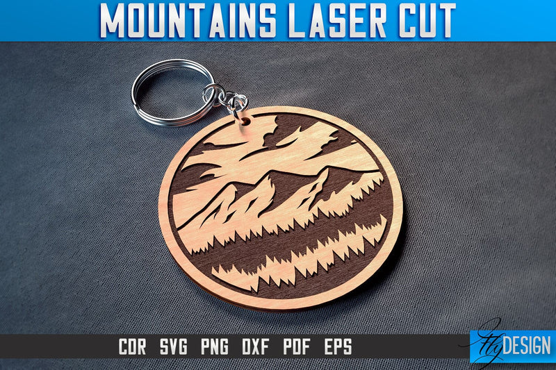 Mountains Keychain Laser Cut SVG | Camping Laser Cut SVG Design | CNC Files SVG Fly Design 
