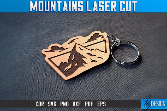 Mountains Keychain Laser Cut SVG | Camping Laser Cut SVG Design | CNC Files SVG Fly Design 