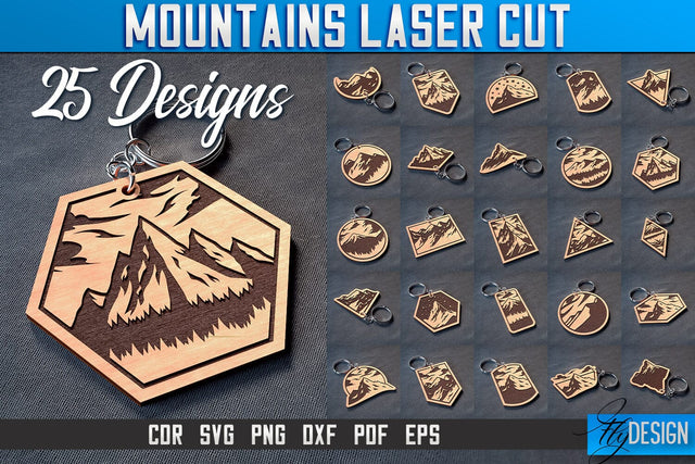 Mountains Keychain Laser Cut SVG | Camping Laser Cut SVG Design | CNC Files SVG Fly Design 
