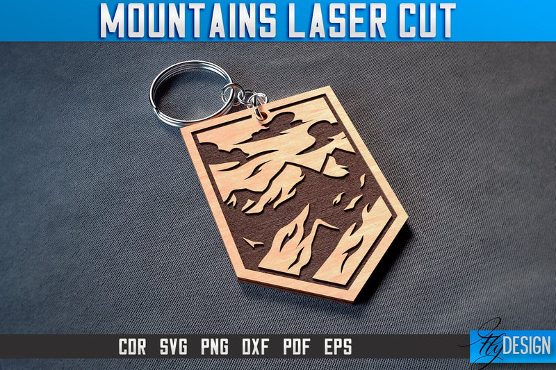 Mountains Keychain Laser Cut SVG | Camping Laser Cut SVG Design | CNC Files SVG Fly Design 