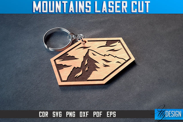 Mountains Keychain Laser Cut SVG | Camping Laser Cut SVG Design | CNC Files SVG Fly Design 
