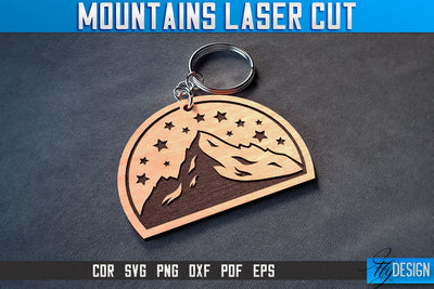 Mountains Keychain Laser Cut SVG | Camping Laser Cut SVG Design | CNC Files SVG Fly Design 