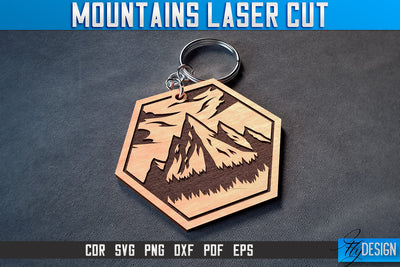 Mountains Keychain Laser Cut SVG | Camping Laser Cut SVG Design | CNC Files SVG Fly Design 