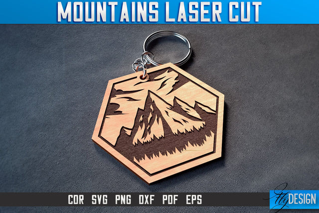 Mountains Keychain Laser Cut SVG | Camping Laser Cut SVG Design | CNC Files SVG Fly Design 