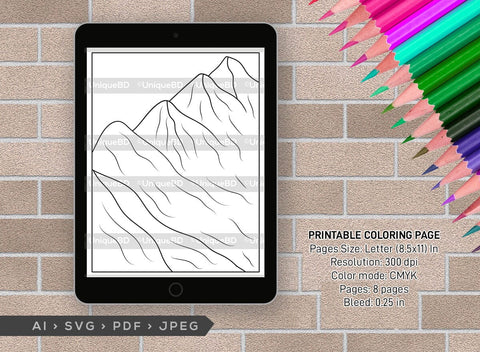Mountains Printable Coloring Page Bundle, PDF Colouring Book, Instant Download, CBP00010 SVG ETC Craft 