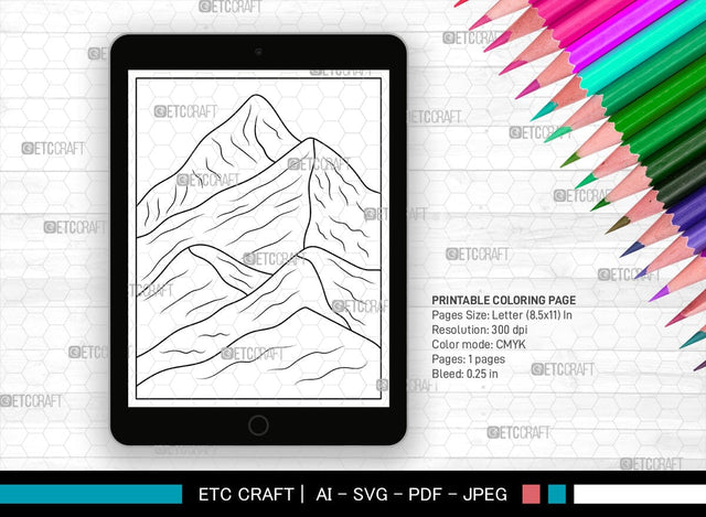 Mountains Printable Coloring Page, PDF Colouring Book, Instant Download, CBP00010 SVG ETC Craft 