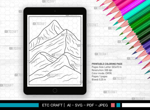 Mountains Printable Coloring Page, PDF Colouring Book, Instant Download, CBP00010 SVG ETC Craft 