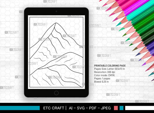 Mountains Printable Coloring Page, PDF Colouring Book, Instant Download, CBP00010 SVG ETC Craft 