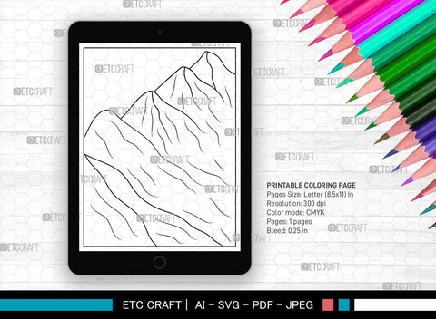 Mountains Printable Coloring Page, PDF Colouring Book, Instant Download, CBP00010 SVG ETC Craft 