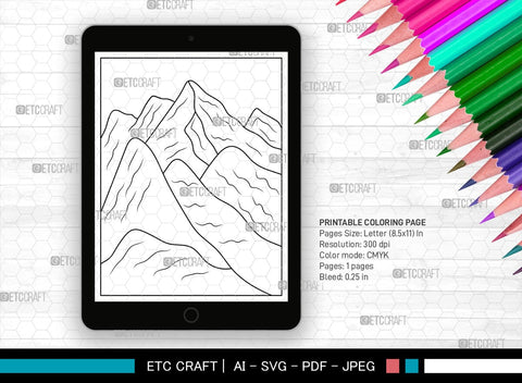 Mountains Printable Coloring Page, PDF Colouring Book, Instant Download, CBP00010 SVG ETC Craft 