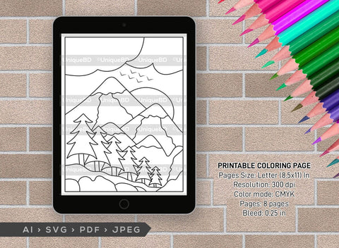 Mountains Spring Season Printable Coloring Page Bundle, PDF Colouring Book, Instant Download, CBP00005 SVG ETC Craft 