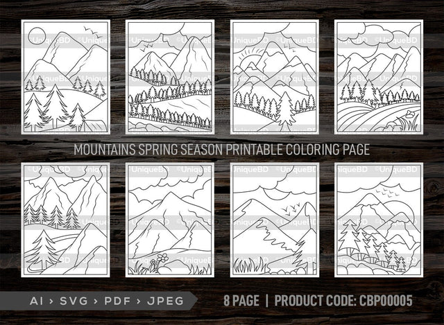 Mountains Spring Season Printable Coloring Page Bundle, PDF Colouring Book, Instant Download, CBP00005 SVG ETC Craft 