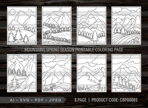 Mountains Spring Season Printable Coloring Page Bundle, PDF Colouring Book, Instant Download, CBP00005 SVG ETC Craft 