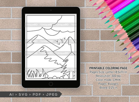 Mountains Spring Season Printable Coloring Page Bundle, PDF Colouring Book, Instant Download, CBP00005 SVG ETC Craft 