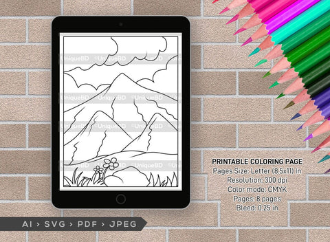 Mountains Spring Season Printable Coloring Page Bundle, PDF Colouring Book, Instant Download, CBP00005 SVG ETC Craft 