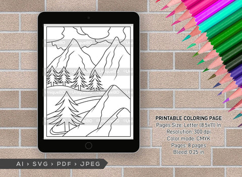 Mountains Spring Season Printable Coloring Page Bundle, PDF Colouring Book, Instant Download, CBP00005 SVG ETC Craft 