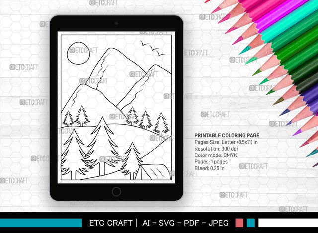 Mountains Spring Season Printable Coloring Page, PDF Colouring Book, Instant Download, CBP00005 SVG ETC Craft 