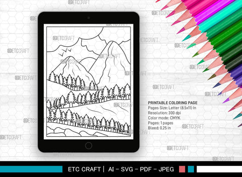Mountains Spring Season Printable Coloring Page, PDF Colouring Book, Instant Download, CBP00005 SVG ETC Craft 