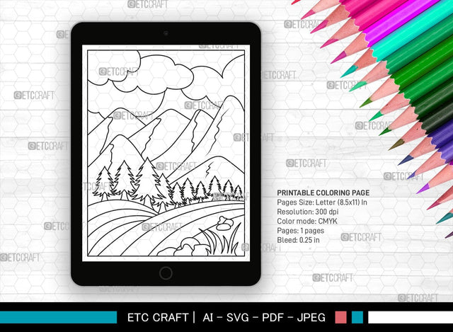Mountains Spring Season Printable Coloring Page, PDF Colouring Book, Instant Download, CBP00005 SVG ETC Craft 
