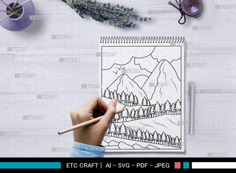 Mountains Spring Season Printable Coloring Page, PDF Colouring Book, Instant Download, CBP00005 SVG ETC Craft 