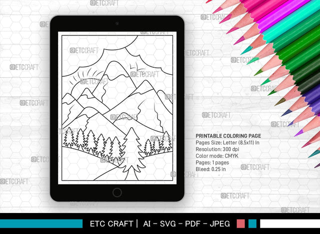 Mountains Spring Season Printable Coloring Page, PDF Colouring Book, Instant Download, CBP00005 SVG ETC Craft 