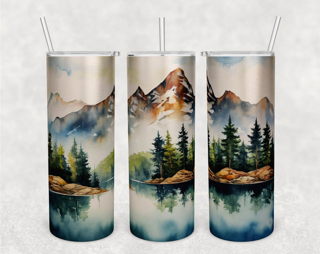 Mountains Tumbler Wrap, 20 Oz Skinny Tumbler Sublimation Design, Watercolor Mountains And Lake Tumbler PNG Sublimation HappyDesignStudio 