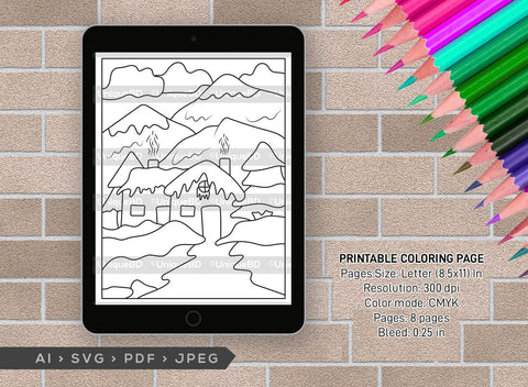 Mountains Winter Season Printable Coloring Page Bundle, PDF Colouring Book, Instant Download, CBP00006 SVG ETC Craft 