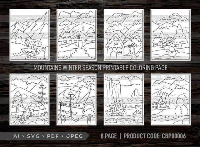 Mountains Winter Season Printable Coloring Page Bundle, PDF Colouring Book, Instant Download, CBP00006 SVG ETC Craft 