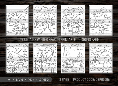 Mountains Winter Season Printable Coloring Page Bundle, PDF Colouring Book, Instant Download, CBP00006 SVG ETC Craft 
