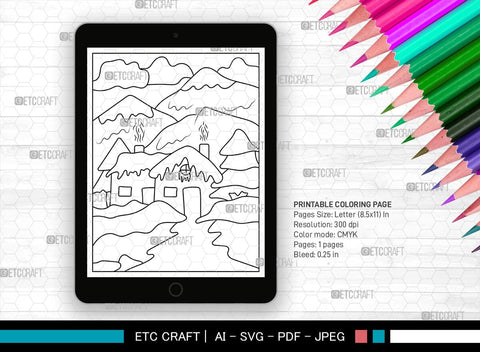 Mountains Winter Season Printable Coloring Page, PDF Colouring Book, Instant Download, CBP00006 SVG ETC Craft 