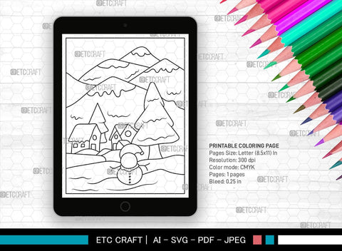 Mountains Winter Season Printable Coloring Page, PDF Colouring Book, Instant Download, CBP00006 SVG ETC Craft 