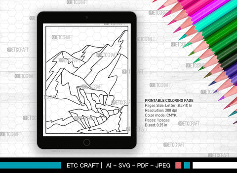 Mountains Winter Season Printable Coloring Page, PDF Colouring Book, Instant Download, CBP00006 SVG ETC Craft 
