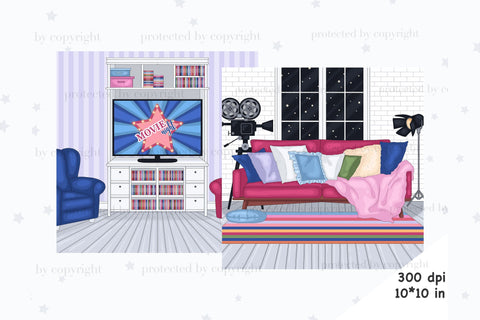 Movie Night Scene Clipart | Living Room Illustration SVG GlamArtZhanna 