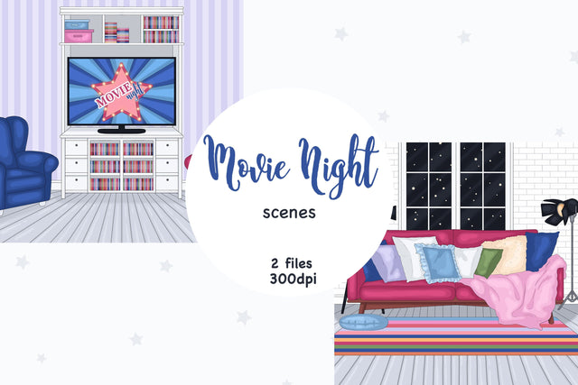 Movie Night Scene Clipart | Living Room Illustration SVG GlamArtZhanna 