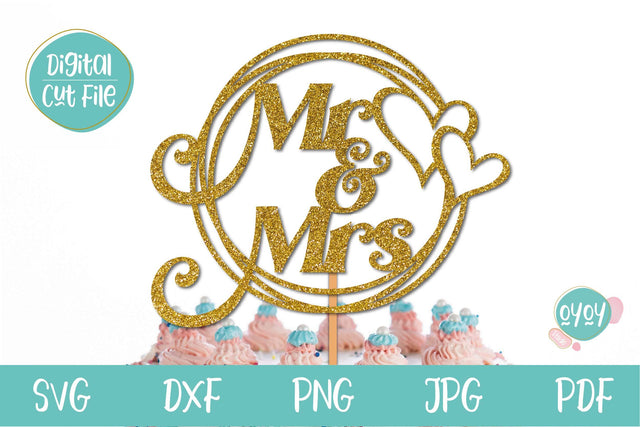Mr and Mrs Cake Topper SVG with Frame and Hearts, Wedding SVG SVG OyoyStudioDigitals 