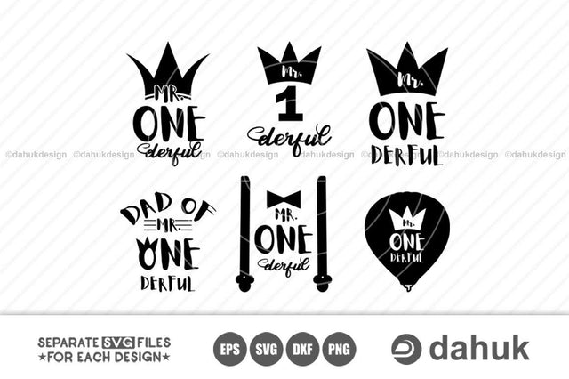 Mr. One Derful SVG Bundle, First Birthday, 1st Birthday svg, Birthday svg, Crown, Cut file, for silhouette, svg, eps, cricut design space SVG dahukdesign 