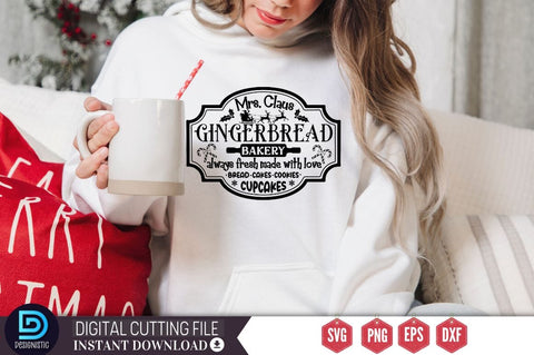 Mrs. Claus gingerbread bakery always fresh made with love bread cakes cookies cupcakes SVG SVG DESIGNISTIC 