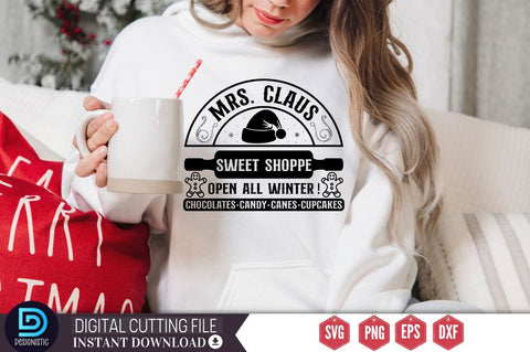 Mrs.Claus sweet shoppe open all winter ! chocolates candy canes cupcakes SVG SVG DESIGNISTIC 
