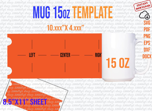 Mug 15oz Template, 15 oz Mug Template for Sublimation Full Wrap, Handle Cutouts, Mug 15 oz Svg, Cricut and Silhouette, Pdf Eps Dxf Docx SVG 1966digi 