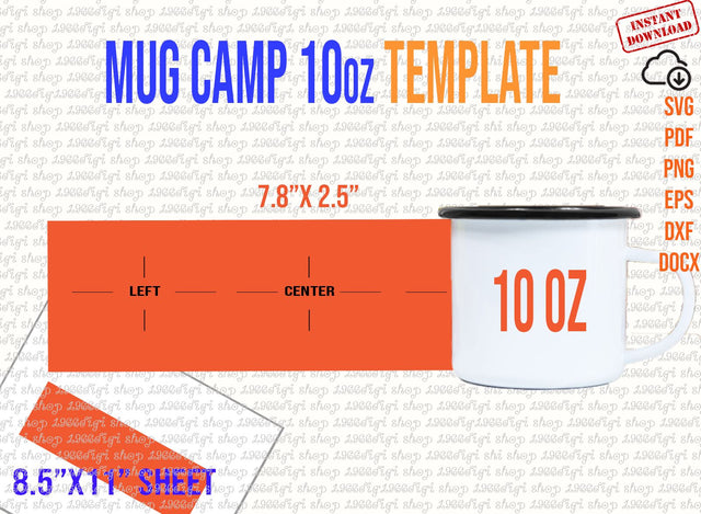 Mug Camp 10oz Template, 10 oz Mug Camp for Sublimation Full Wrap, Ms word Sheet 8.5x11, Cricut and Silhouette, instant download Pdf Dxf docx SVG 1966digi 